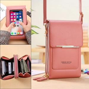 Sac Bandoulière Téléphone Femme Cuir PU Fenêtre Tactile Double Fermeture Éclair Élégant Couleur Unie Petit