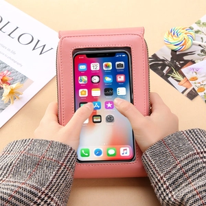 Petit sac bandoulière rose pour téléphone avec fenêtre tactile et fermeture éclair