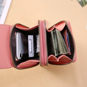 Sacoche rose pour téléphone à écran tactile avec double fermeture éclair et porte-cartes