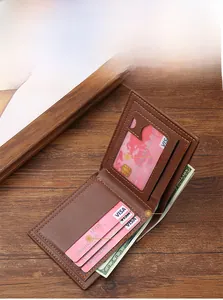 Detail of brown leather men's wallet with multiple card slots and clear photo window