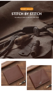 Detail showing the brown leather short wallet with heavy duty stitching and eagle logo