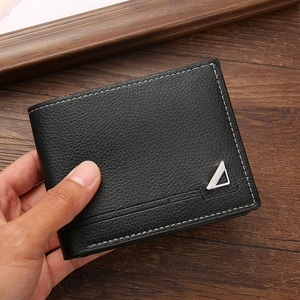 Classic men's black bifold wallet with lychee leather texture and contrast stitching