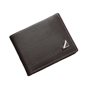 Men's bifold brown wallet in lychee grain leather with a stylish metal triangle logo