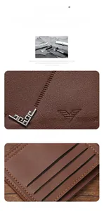 Macro detail of brown leather wallet featuring embossed logo and yellow stitching