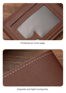 Close-up of brown leather wallet featuring transparent ID window and precise stitching