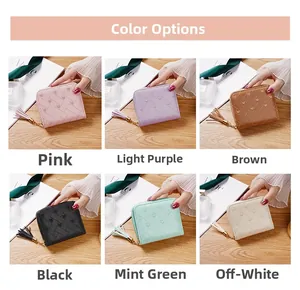 Vue détaillée de mini portefeuilles en six couleurs avec motifs cœurs et pompons zip