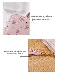 Détail du portefeuille en similicuir rose avec broderie cœur, pompon et zip doré