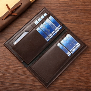 Deep brown leather long wallet with checkered texture and multi-slot card holder