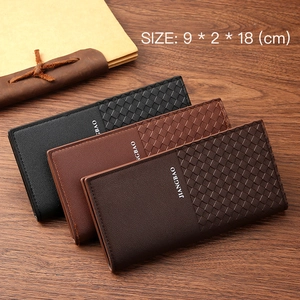 Three long casual men wallets in black and brown with woven texture and zipper design