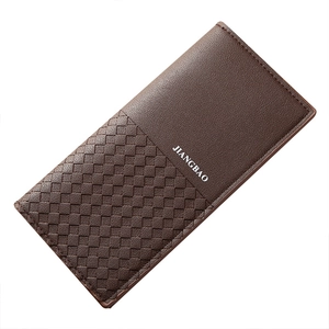 Deep brown long men's casual wallet featuring a woven leather design and zipper closure