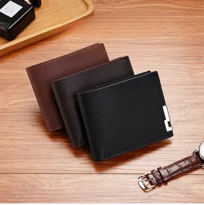 Detailed view of men's leather wallets in three colors with stylish metal edge trim
