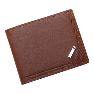 Portefeuille fin en cuir marron pour homme avec texture litchi et coutures jaunes