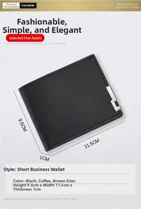 Detailed top view of short men's wallet with metal trim and leather texture dimensions