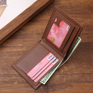 Classic men's brown leather bifold wallet featuring multiple card slots and a photo window