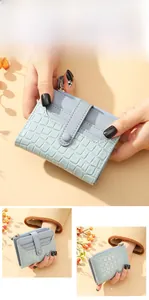 Close-up of light blue crocodile embossed leather wallet with zip and buckle detail