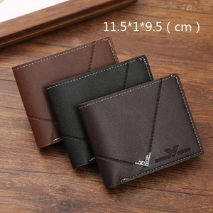 Men's bifold wallets in black and brown leather with V-shaped stitching and metal corners