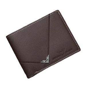 Men's short bifold brown leather wallet with textured surface and metallic corner logo