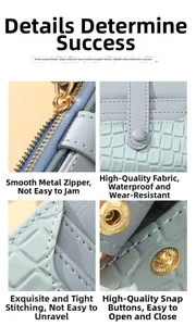 Detail view of crocodile pattern leather with smooth metal zipper and precision stitching