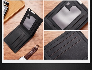 Detail view of men's bifold wallet features an ID window, card slots and metal clip