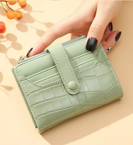 Detail of light green crocodile embossed wallet with card slots and metal zipper