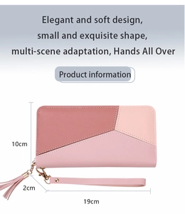 Detailed size specifications for pink patchwork wallet measuring 19cm x 10cm x 2cm
