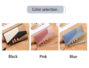 Detailed view of women long wallet color options in tricolor patchwork with wristlet strap