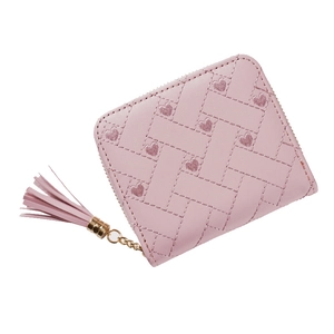 Petit portefeuille rose brodé avec motif cœur et breloque à long gland sur zip