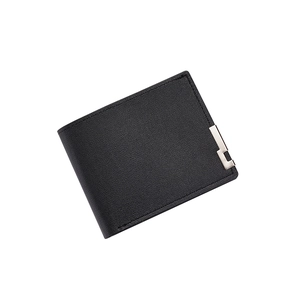 Men's black litchi texture horizontal bifold wallet with silver metal edge accent