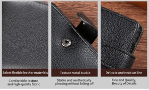 Macro detail of lychee texture black PU leather with metal button and precision stitching
