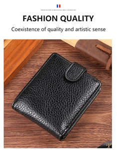 Close-up of black pebble grain leather bifold wallet for men with secure strap closure