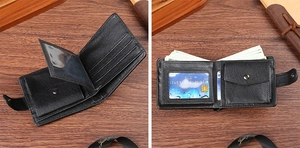 Detail of black PU leather wallet showing multiple card slots and a snap coin pocket