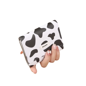Short tri-fold cow print wallet for women with Milk heart embroidery and multi-card slots
