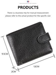 Detailed dimensions of black pebble grain men's wallet with side snap closure