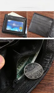 Detailed view of men's PU leather wallet featuring multiple card slots and a zipper coin pocket