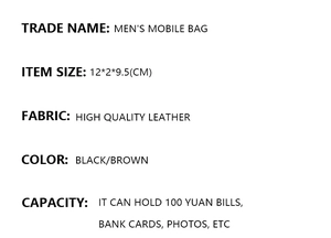 Specification chart showing size 12x2x9.5cm and high quality leather material for men wallet