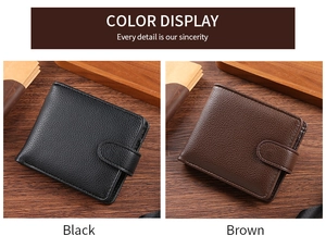 Short bifold men's wallets in black and brown colors with a pebble grain texture