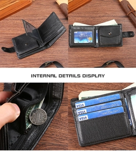 Close-up of black PU leather wallet interior showing card slots and coin pocket
