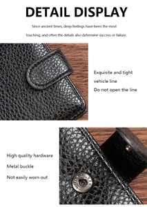 Detail display of black lychee grain leather wallet showing stitching and metal snap closure