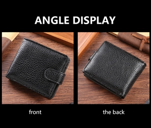 Front and back view of men's bifold wallet in black litchi texture with snap closure