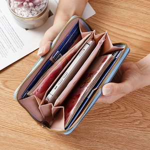 Light blue long zipper wallet with multi-card slots and pink organza large capacity interior