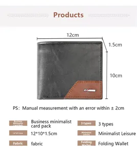 Vue détaillée des dimensions du portefeuille pour hommes et spécifications des matériaux