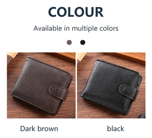 Men's bifold wallet in black and dark brown leather with litchi texture and snap buckle