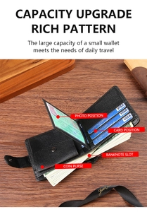 Detail view of black lychee leather wallet with card slots and a snap coin pocket