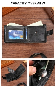 Detailed interior view of men's bifold wallet with card slots, coin pocket and photo holder