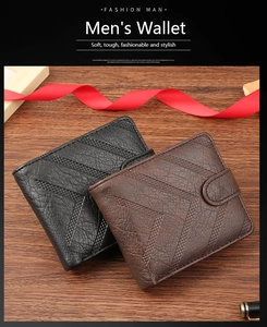 Classic black and dark brown bifold business wallets with cross stitching on wood