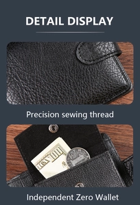 Detail of black pebbled leather wallet featuring precise stitching and inner coin pocket