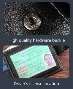 Macro detail of black pebble leather wallet with silver snap button and ID window slot