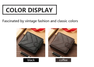 Detail view of men's bi-fold wallets in black and coffee with V-shaped quilted design