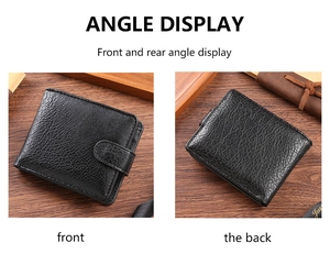 Front and back views of a durable black lychee texture leather wallet on wood background