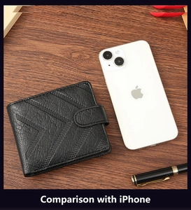 Business bifold wallet with diagonal stitching on a dark wooden desk with iPhone